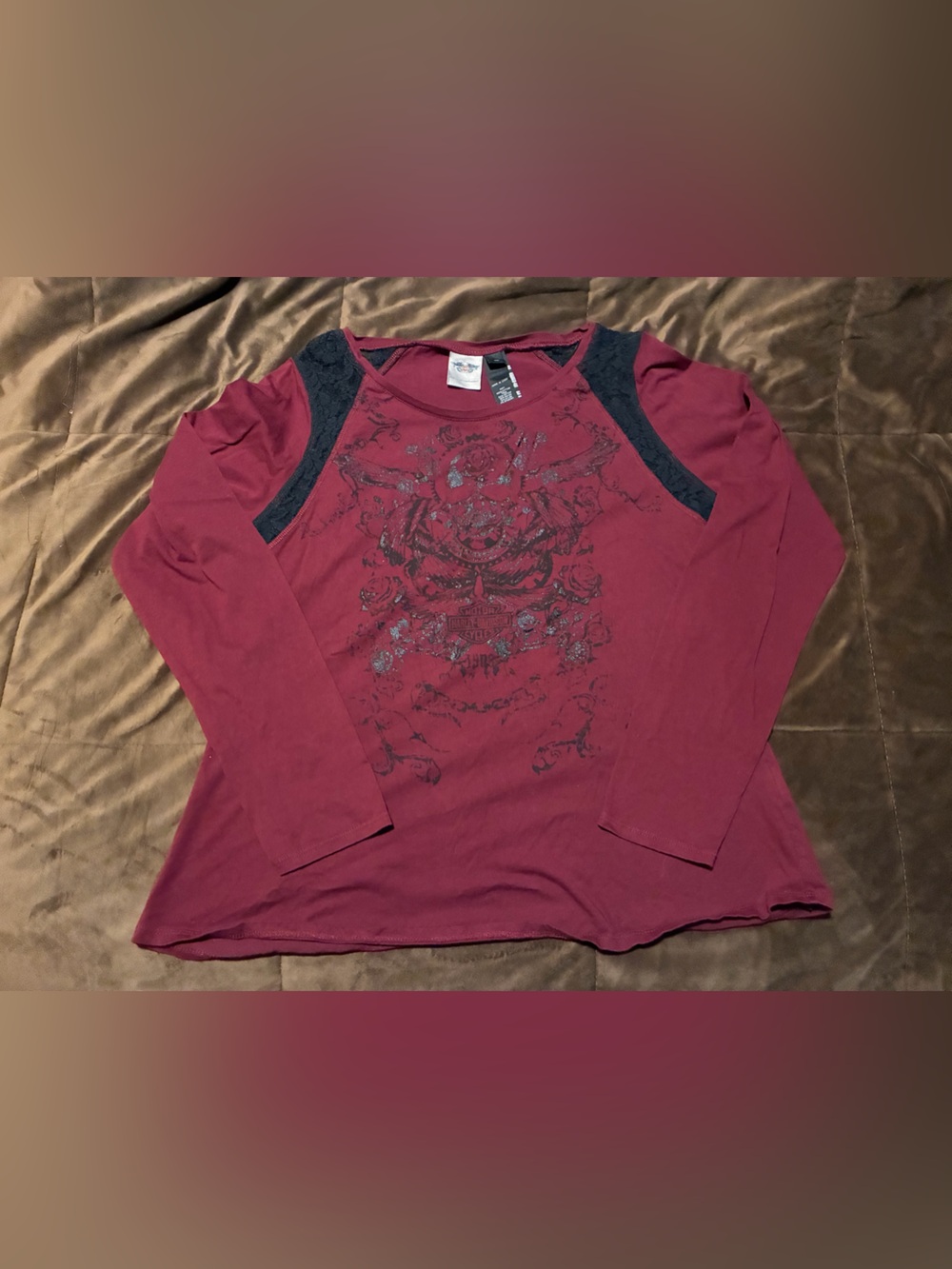 Harley-Davidson Burgundy Long Sleeve Graphic Top with Black Shoulder Accents, XL